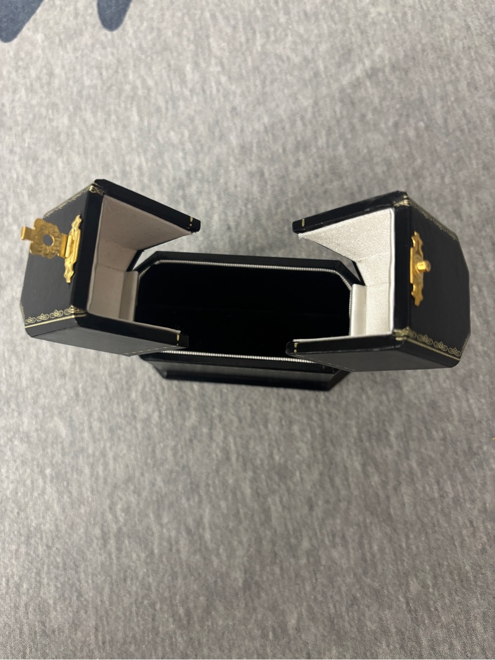 Vintage Style Black Leatherette Double Door Ring Box Gold Accent Trim 3x3.5x1.5